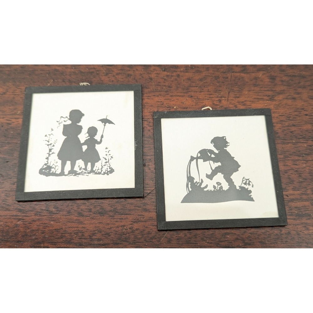 Vintage Czech Republic Silhouette Miniature Wall Art Pair Children Folk Art 3in